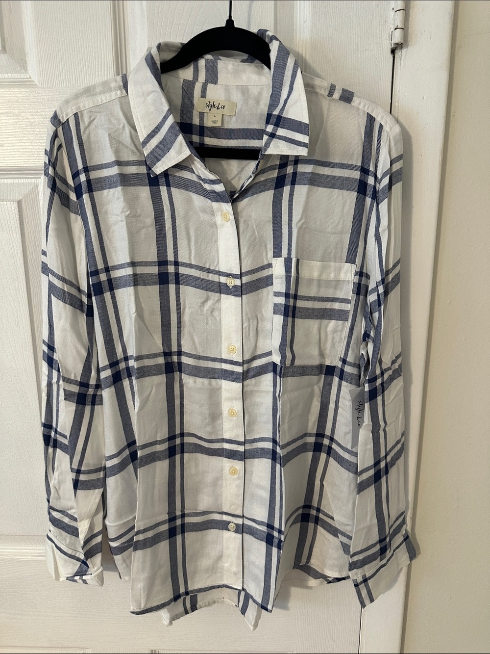 Style & Co. Button-Up Plaid Shirt in White and Navy